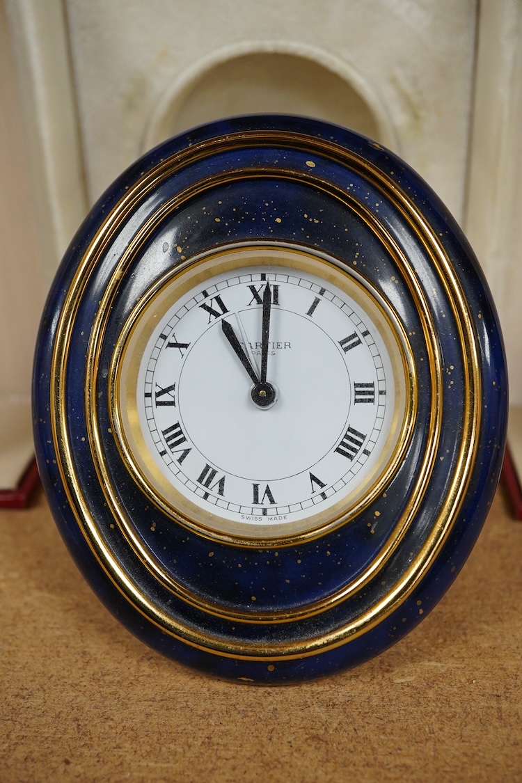 A Must de Cartier blue-enamelled travelling timepiece, in original case, 9.5cm high